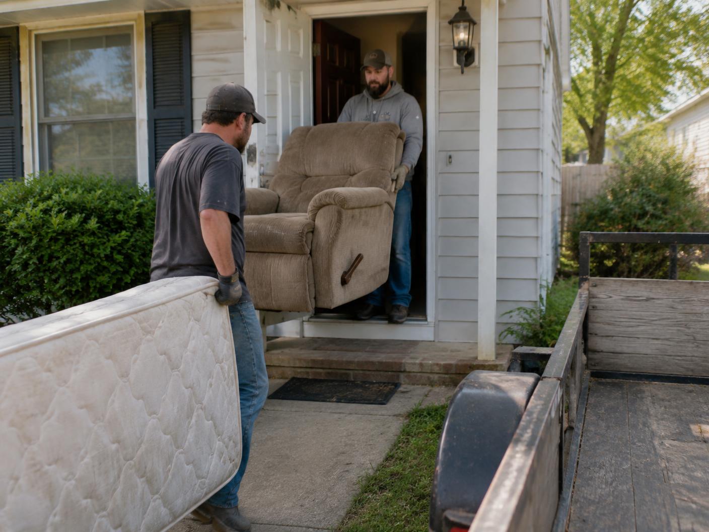 Two workers carrying an old recliner and mattress out of a house